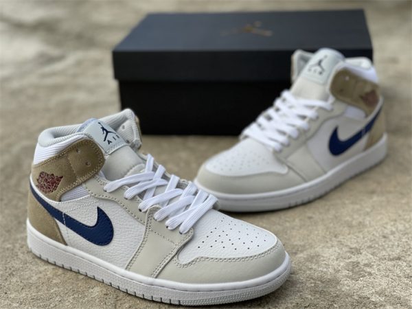 Cheap Air Jordan 1 Mid Navy Swooshes and Tan Suede DO6726-100-1
