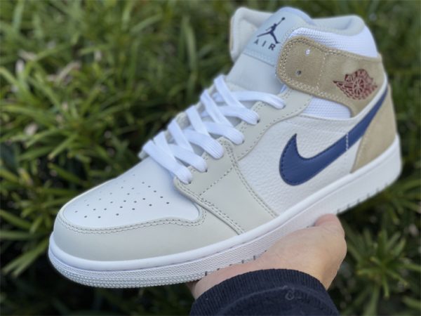 Cheap Air Jordan 1 Mid Navy Swooshes and Tan Suede DO6726-100 In Hand