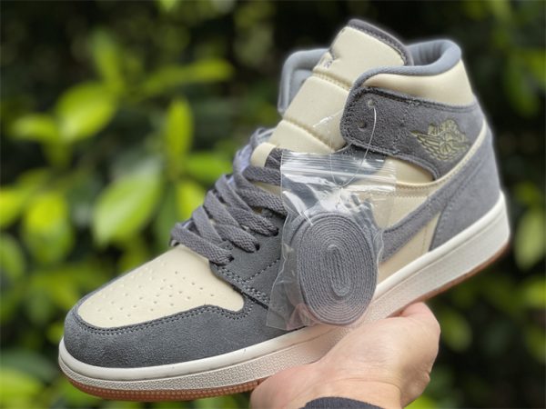 2022 Air Jordan 1 Mid Cream Canvas and Grey Suede UK DN4281-100 in hand